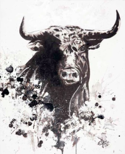 Peinture "Toro Bravo" réalisée par Eljo, représentant un taureau en noir et blanc.