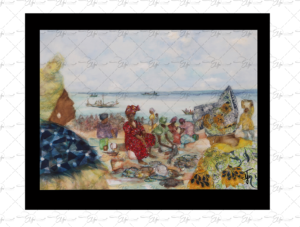 Copie de la peinture intitulée "Marché aux poissons de Mbour" peinte par Eljo.